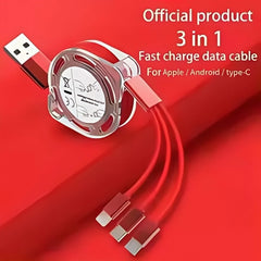3-in-1 Telescopic USB Fast Charging Cable for iPhone 15/Samsung S23/Huawei, Type-C & Android Phone, 3A Nylon-Braided Durable Cha