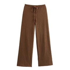 EDSA Women 2 Pcs Set V-Neck Single Breasted Solid Texture Casual Vest Top+High-Waisted Drawstring Wide Leg Pants