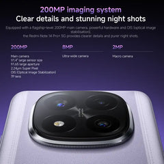 Close up of Xiaomi Redmi Note 14 Pro Plus 5G global version purple phone camera module showing 200MP main lens and triple cameras
