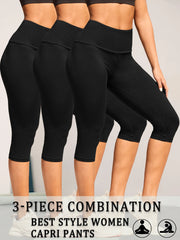 3 Pack Women's High Waisted Capri Super Soft Tummy Control No See Through Workout Yoga Running Athletic Push Up Gym Leggings