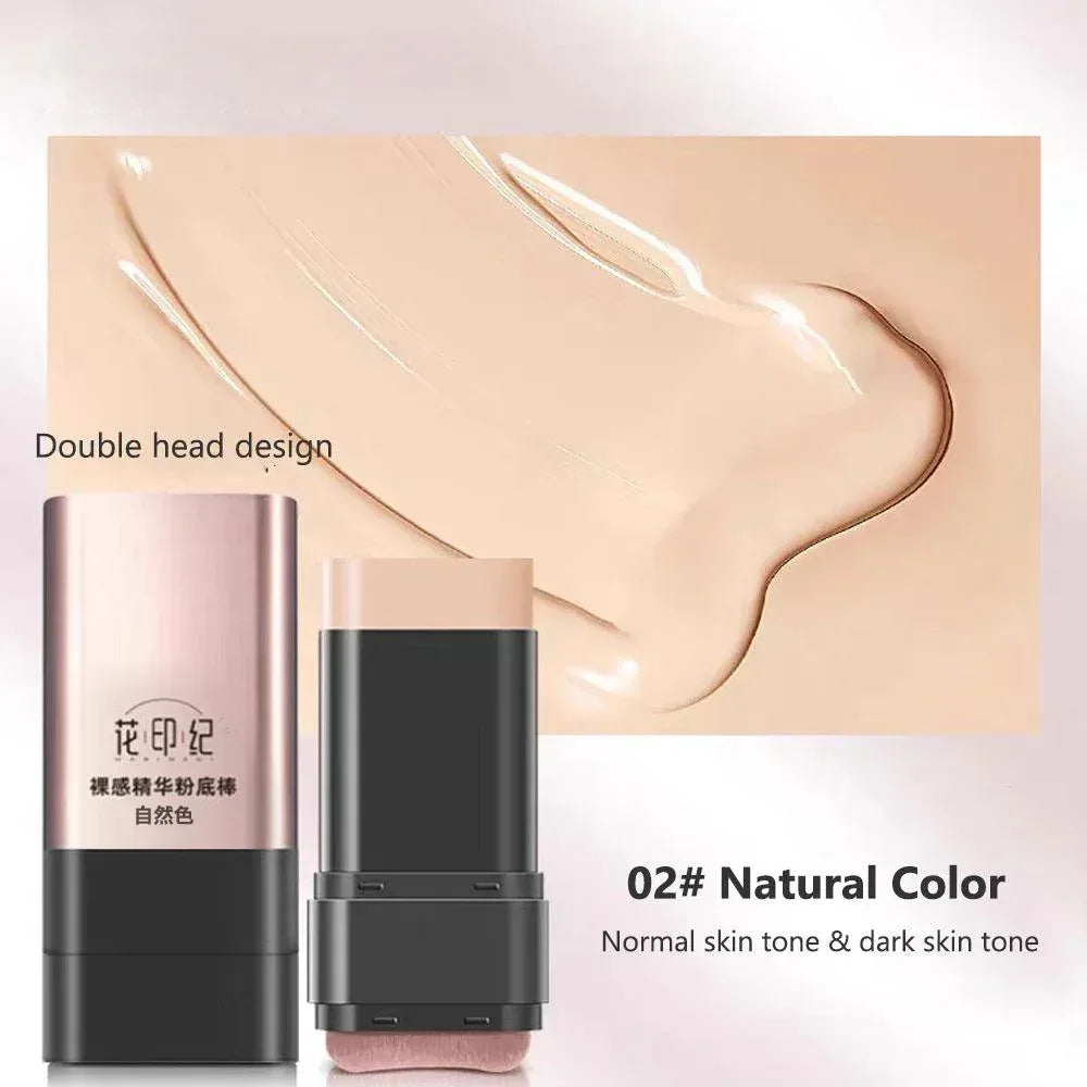 Natural color foundation stick with double-ended tip and medium face swatch