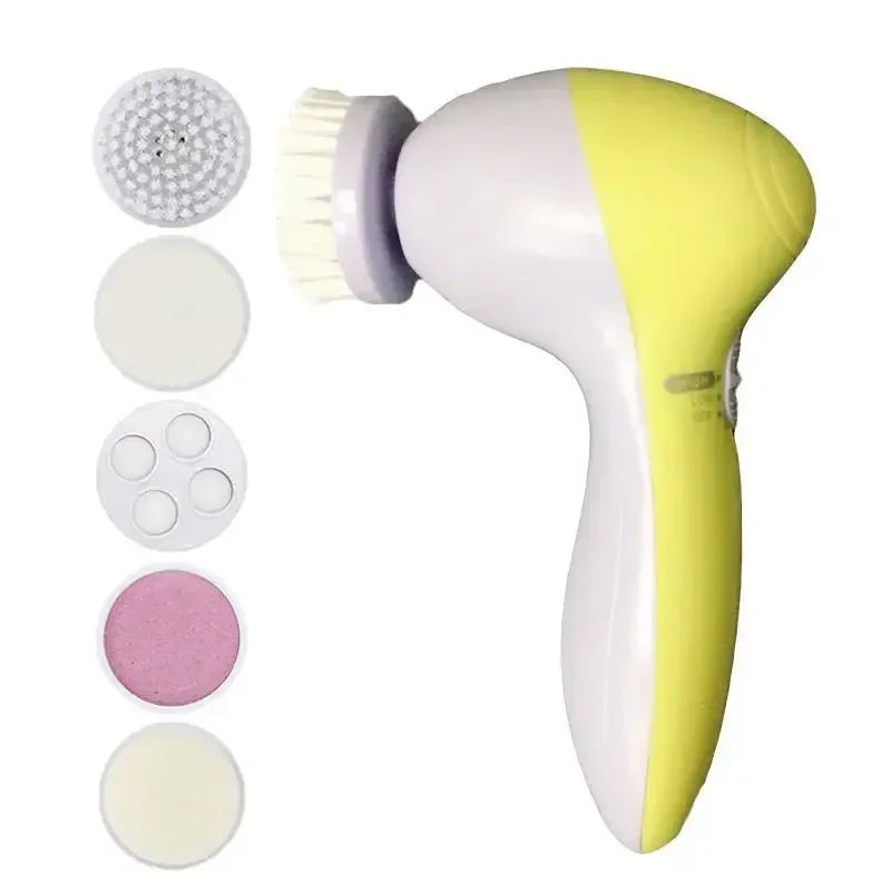 Electric facial cleansing brush with yellow handle and five interchangeable circular cleansing pads