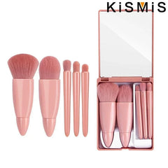 5Pcs Portable Makeup Brush Set with Mirror Box Eyeshadow Blush Brush Travel Cosmetic Brushes