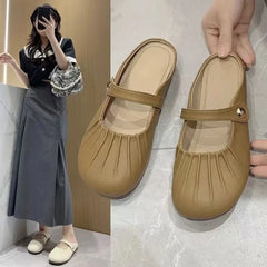 نعال ماري جين ناعمة قابلة للطي بتصميم ريترو للنساء للصيف من الجلد الكوري والروماني والصندل الشاطئي ذو الكعب المسطح المضاد للانزلاق