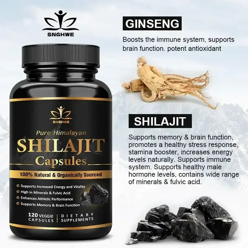 Shilajit capsules supplement bottle, black with gold label, with mineral rocks