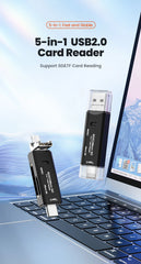 قارئ بطاقات Olaf 5 في 1 Otg Type C قارئ بطاقات Micro Sd محرك أقراص فلاش قارئ بطاقات الذاكرة الذكية USB 2.0 Tf Cf محول قارئ البطاقات