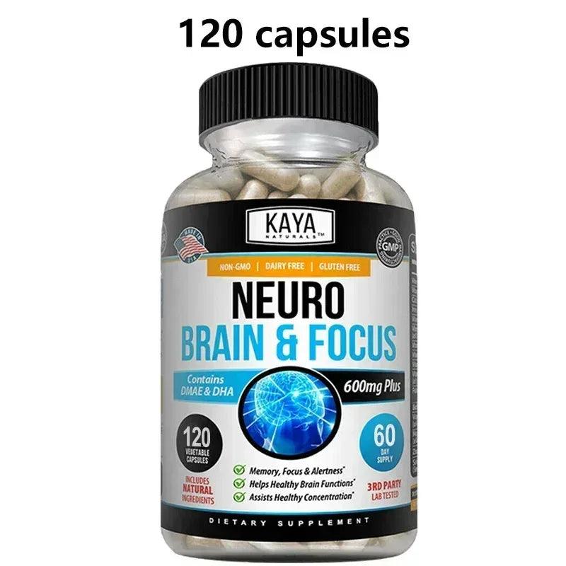 Brain & focus dietary supplement bottle with black cap; label shows 120 capsules.
