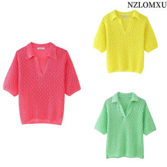 Women Fashion New Short Sleeve Jacquard Mesh Loose Polo Collar Sweater Pullover Tops Chic Female Knit Sweaters Mujer