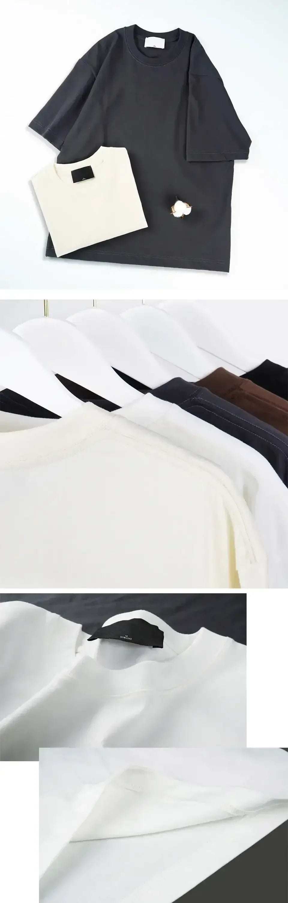 Oversized dark grey T-shirt and white T-shirt, crew neck with short sleeves.