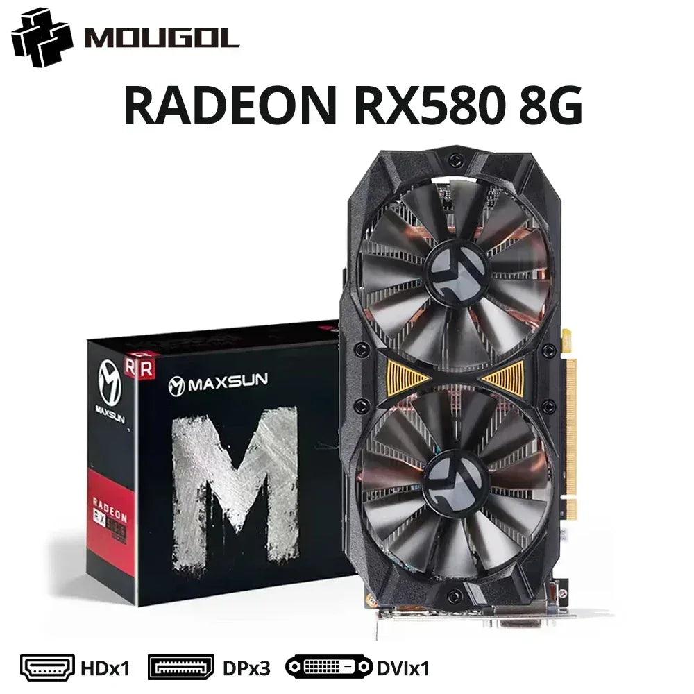 Black RX580 8G graphics card with dual fans and rear output ports