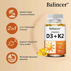 Vitamin D3 + K2 with Organic Virgin Coconut Oil, Vegan D3 (5000iu) with MK7 Vitamin K2 (100mcg), Supports Bone Health Supplement