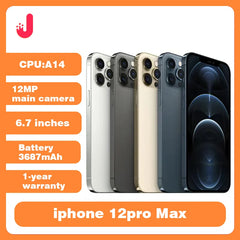 هاتف Apple iPhone 12 pro Max الأصلي غير مقفول بشاشة 6.7 بوصة وذاكرة 128 جيجابايت وذاكرة 256 جيجابايت وبطاقة هوية وجه وNFC وذاكرة قراءة فقط ومعالج A14 Bionic وiOS مستعمل