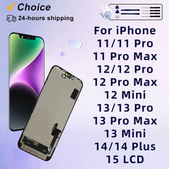 AAAA+++ OLED لشاشة iPhone 11 12 13 LCD لشاشة iPhone 12 Pro Max 13 Mini 14 Plus 15 Plus مجموعة محول رقمي لشاشة LCD