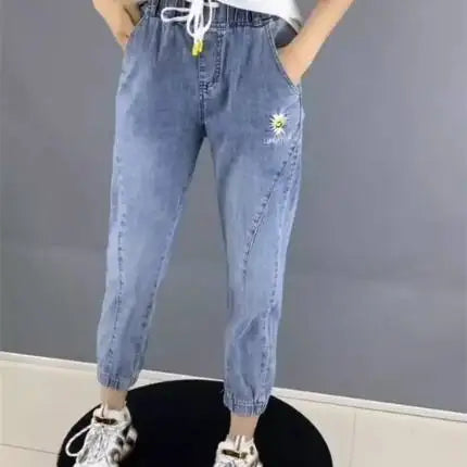 High Waist Skinny Jeans Women's Thin Denim Pants Bell Bot Casual Loose Fit Nine-Tenths Length Hole Design Harlan Sle
