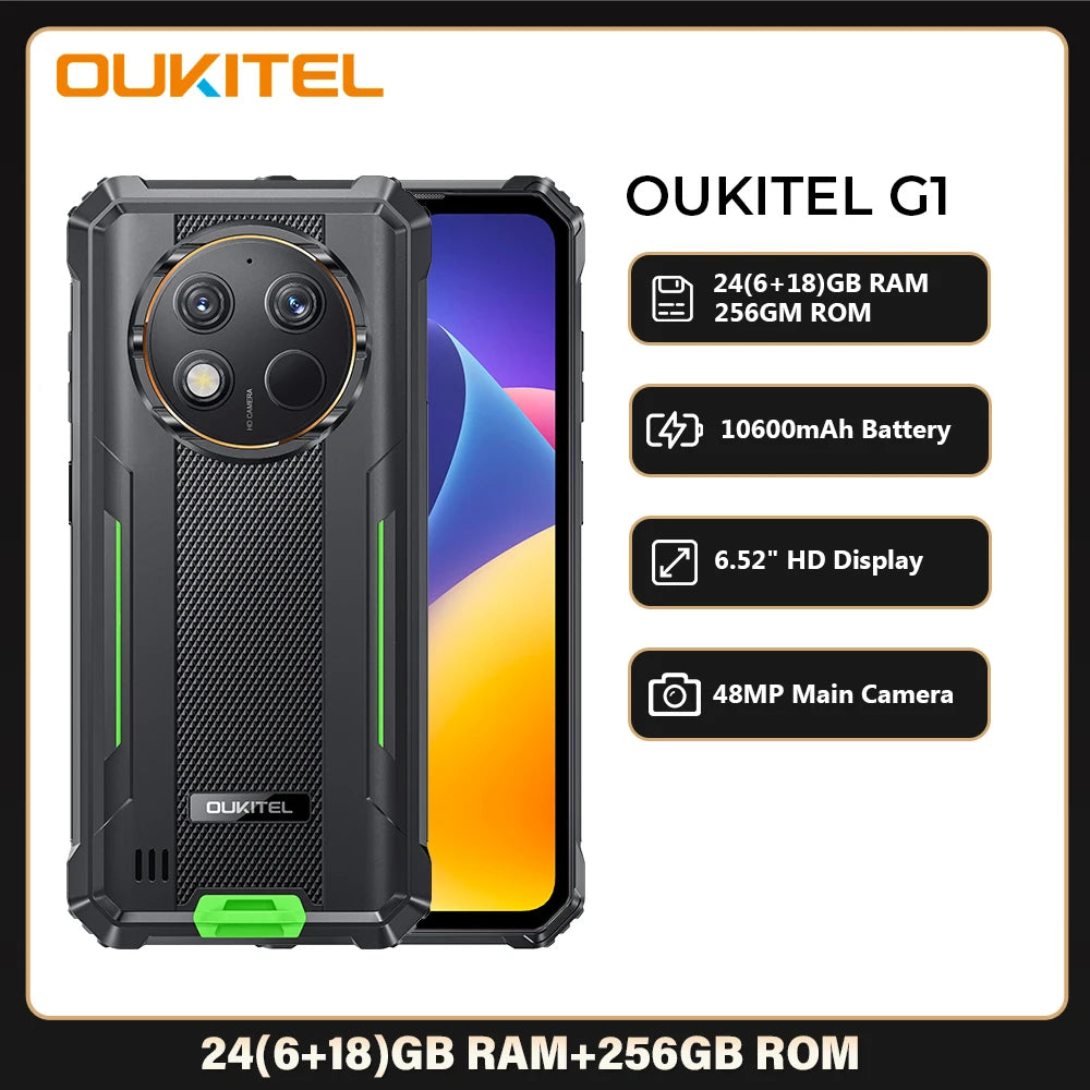 هاتف Oukitel G1 الذكي المتين بنظام Android 24GB (6+18)+256GB 10600mAh 6.52' HD Display NFC هاتف متين