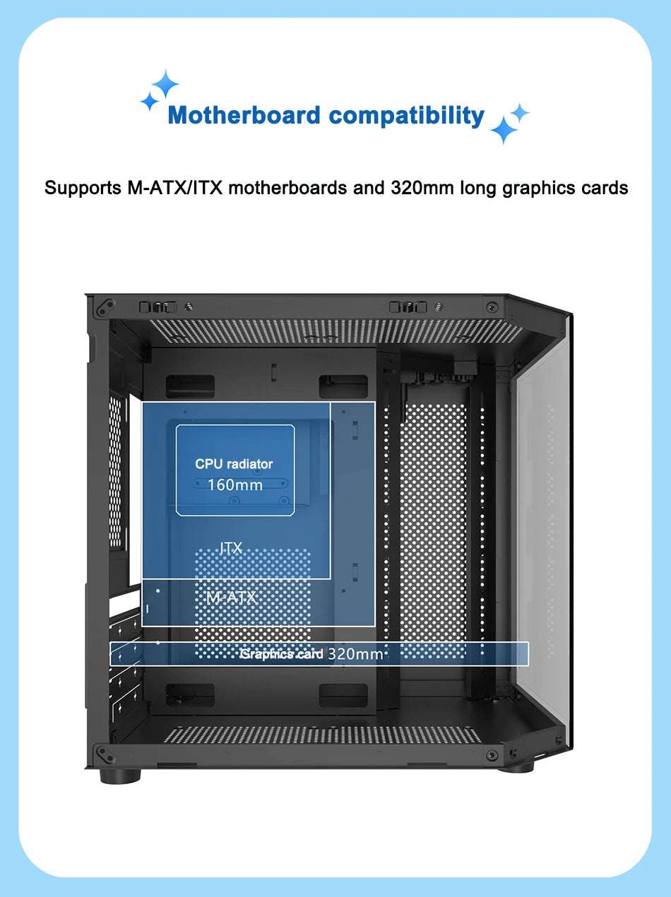 Power Train Star Realm M-ATX Desktop Computer Case Without Pillars Three Sided Glass Panoramic Sea View Room 240 Water Cooling