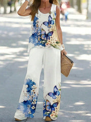 Casual High Street Fashion T-Shirt Straight Leg Pants Suit Women's Printed Sleeveless Vest Loose Pants Simple Summer Set Clothes
