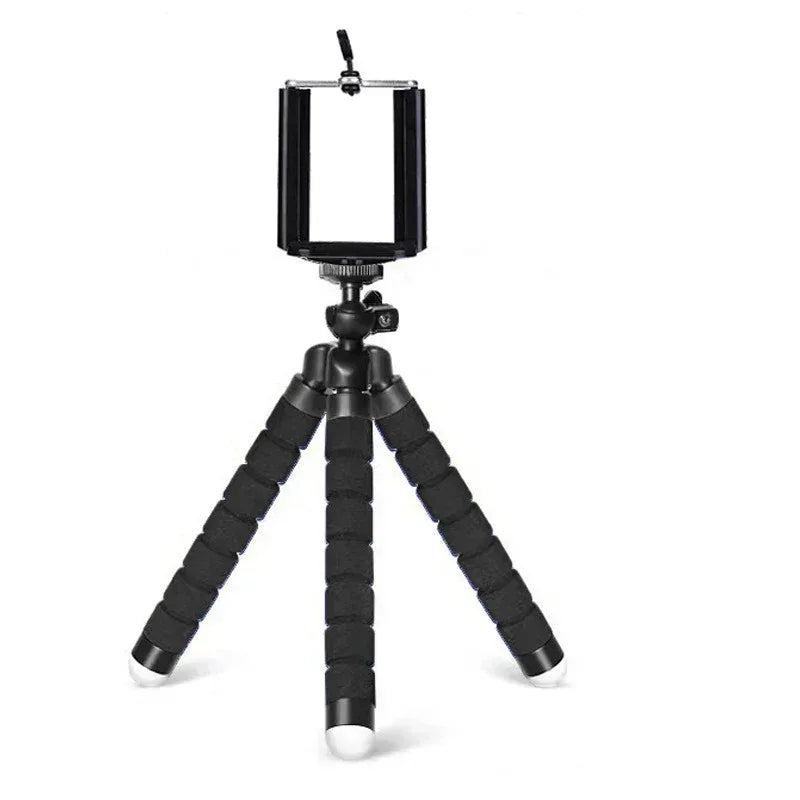 Mini phone tripod with flexible black legs and black phone holder mount