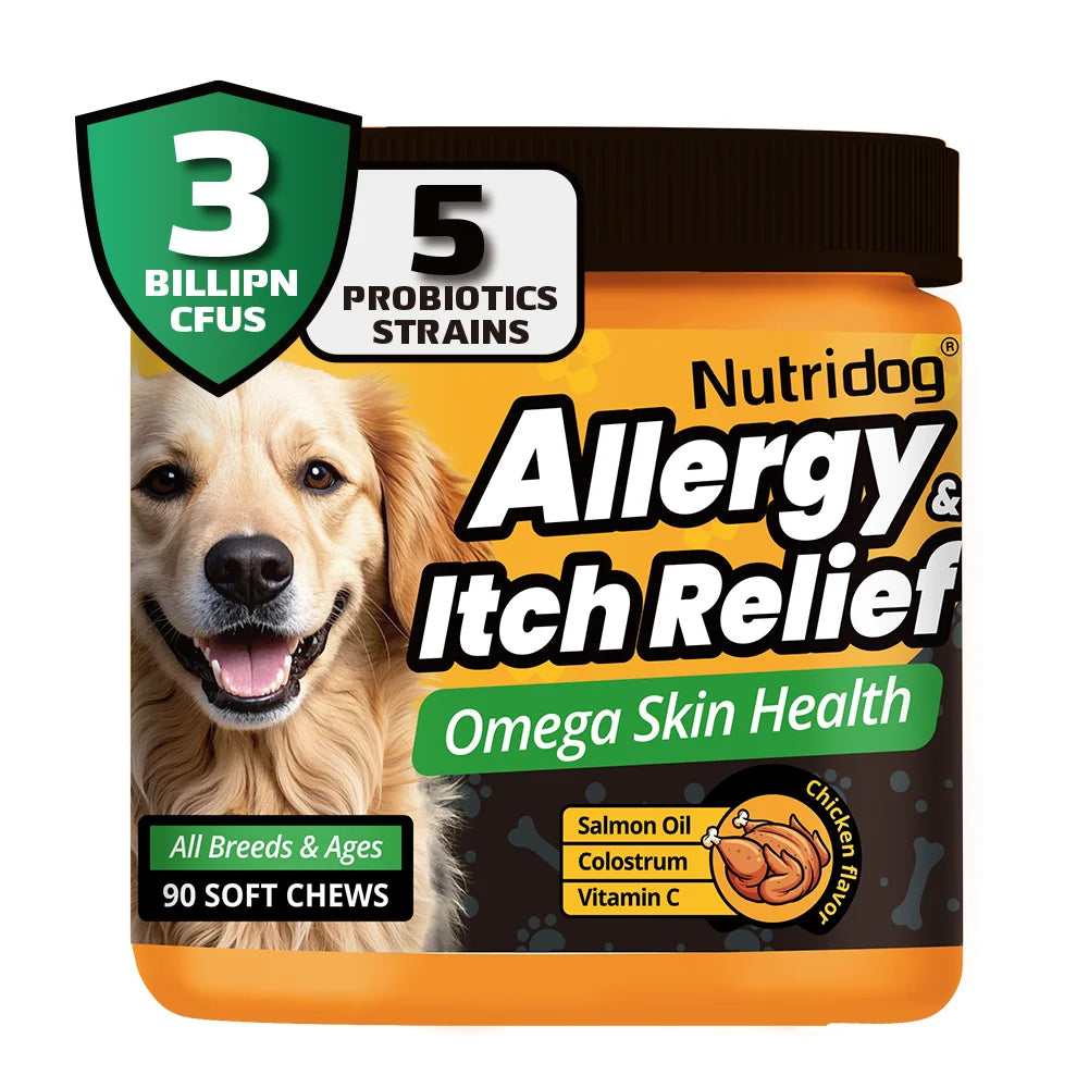 Dog Allergy&Itch Relief Supplements With Omega-3,Vitamin C&Probiotics，Support Skin&Immune Health, Supplement Nutrition,90 chews