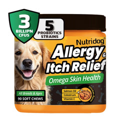 Dog Allergy&Itch Relief Supplements With Omega-3,Vitamin C&Probiotics，Support Skin&Immune Health, Supplement Nutrition,90 chews