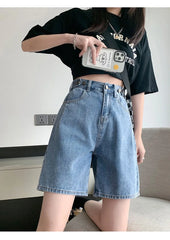 Deep Blue Denim orts Women's High Waist Straight Leg Five-Quarter Length Summer Casual Student Faion Hong Kong Sle Design