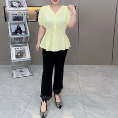 200 Pounds Plus Size Elastic Waist Summer Shirt And Blouse Short Sleeve Solid Top Women's New In Clothes Simple V-neck French