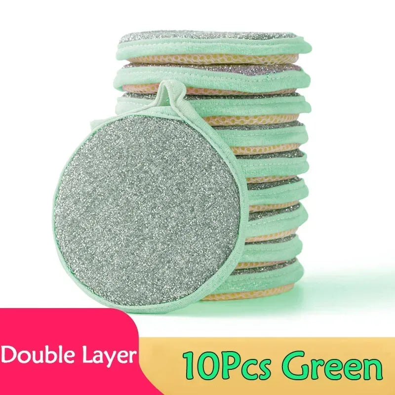 Green double-layer dishwashing sponge set with silver-gray scrub pads, stacked circles.