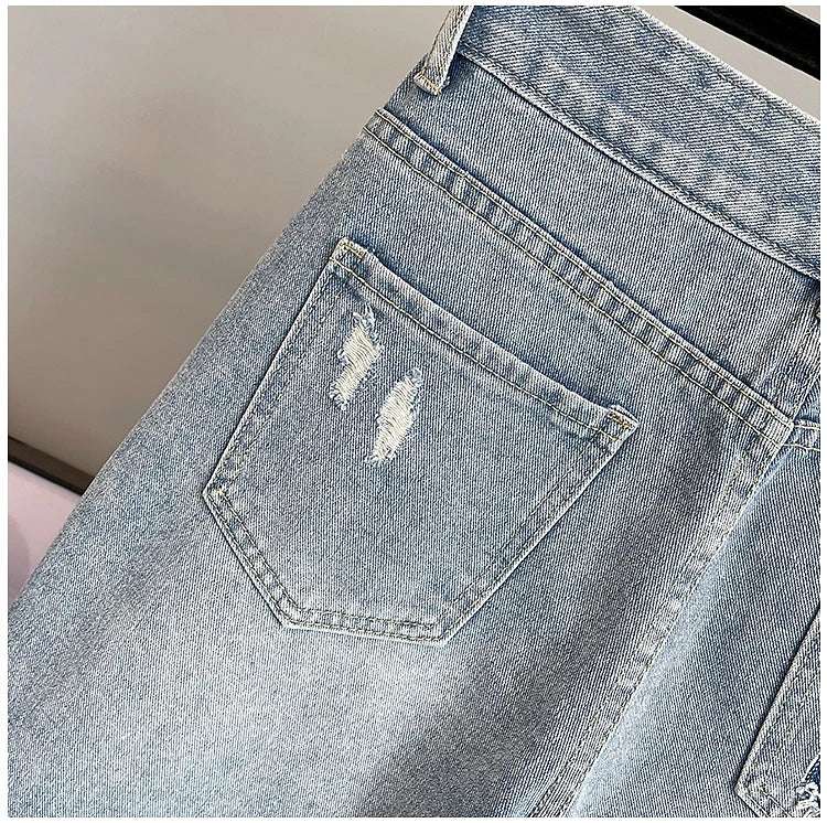 High Waist Loose Fit  Diamond Embellied Denim Five-Point Pants Summer New Sle Women's Trendy Hole Punch Jeans
