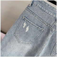 High Waist Loose Fit  Diamond Embellied Denim Five-Point Pants Summer New Sle Women's Trendy Hole Punch Jeans