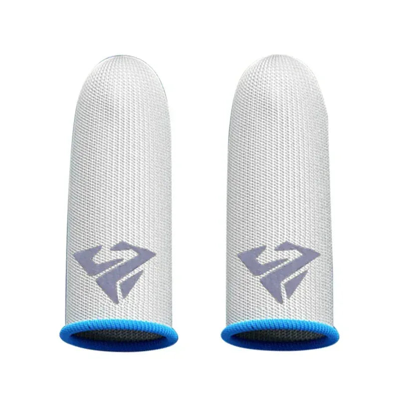 Two light gray finger cots with purple logo and blue knit cuffs