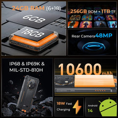 هاتف Oukitel G1 الذكي المتين بنظام Android 24GB (6+18)+256GB 10600mAh 6.52' HD Display NFC هاتف متين