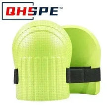 Green knee pad with rounded front and elastic strap across