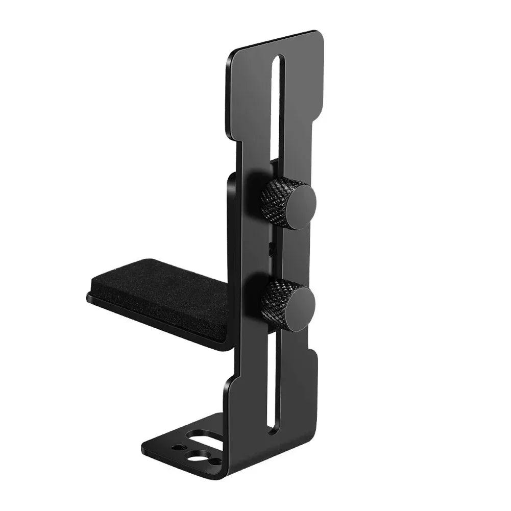 Black GPU support bracket with two textured adjustment knobs and L-shaped mounting base