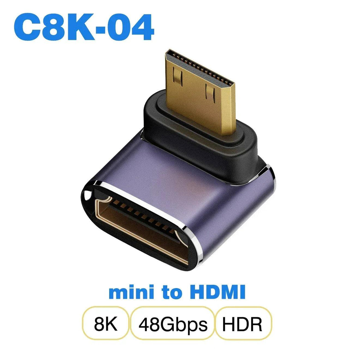 Mini HDMI to HDMI adapter with mini plug on top and HDMI female port