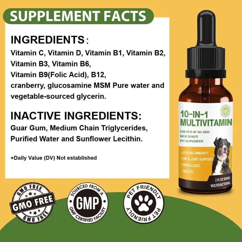 Vitamin Rich Pet Multivitamin Drops - With Cranberry, Vitamin C, D, B1, B2, MSM - Enhance Immunity For Dogs & Cats - 60ML