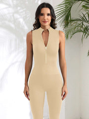 Ribbed Sleeveless Zip Front Sport Jumpsuits Women Yoga Jumpsuits Workout Ribbed Seamless One Piece Jumpsuits Zip Up Bodycon