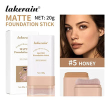 Matte foundation stick in box and on model, shade #5 Honey.