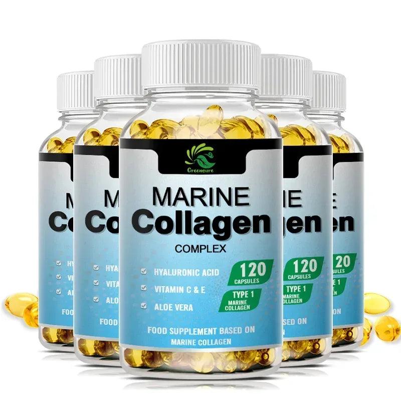Greensure Marine collagen capsules bottles, golden softgels visible behind the front bottle