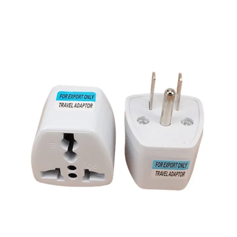 White travel plug adapter showing outlet side and two-prong plug, export-only travel adaptor
