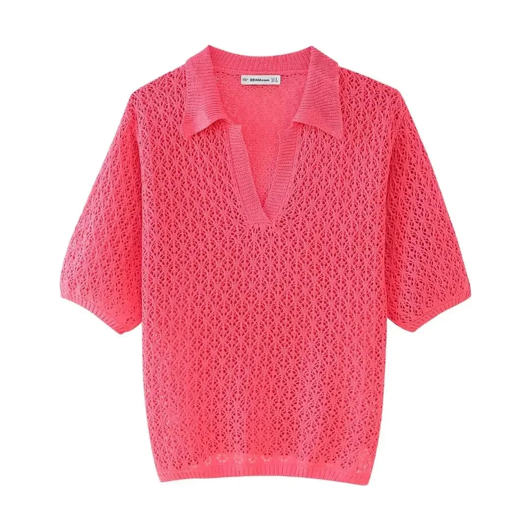 Women Fashion New Short Sleeve Jacquard Mesh Loose Polo Collar Sweater Pullover Tops Chic Female Knit Sweaters Mujer