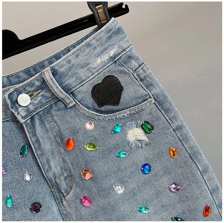 High Waist Loose Fit  Diamond Embellied Denim Five-Point Pants Summer New Sle Women's Trendy Hole Punch Jeans