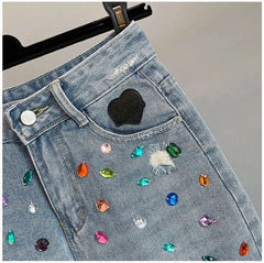 High Waist Loose Fit  Diamond Embellied Denim Five-Point Pants Summer New Sle Women's Trendy Hole Punch Jeans
