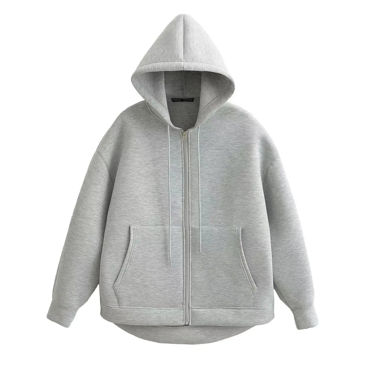 Light gray hooded zip-up jacket with long sleeves and front pockets
