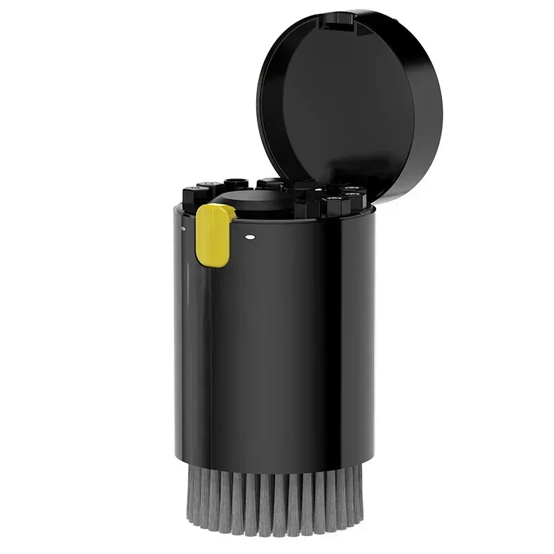 Black multi-tool cleaning kit open canister with tools and bristle brush base