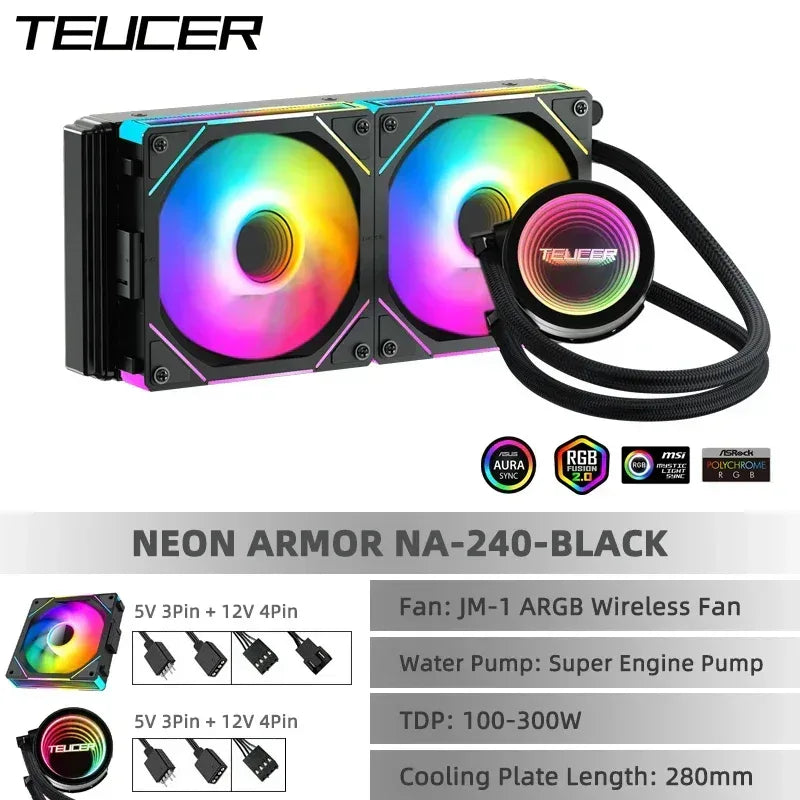 Black AIO liquid CPU cooler with two ARGB radiator fans and RGB pump