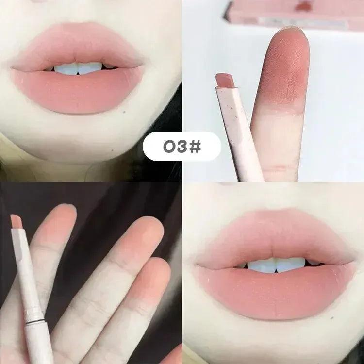 Matte velvet lip liner swatch 03, rosy nude color on lips and pencil
