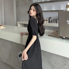 فستان نسائي صيفي من Faion بياقة مربعة من Sweet Retro Dr Tea Break First Love Long Bla Dr Waist Cinched