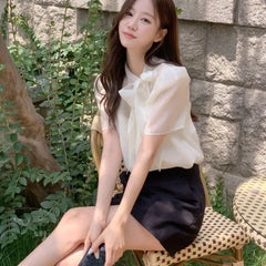 Faionable  Knot ort Sve See-tough Chiffon Top with Tie Ne Design Sweet Loose Fit Polyester Summer irt