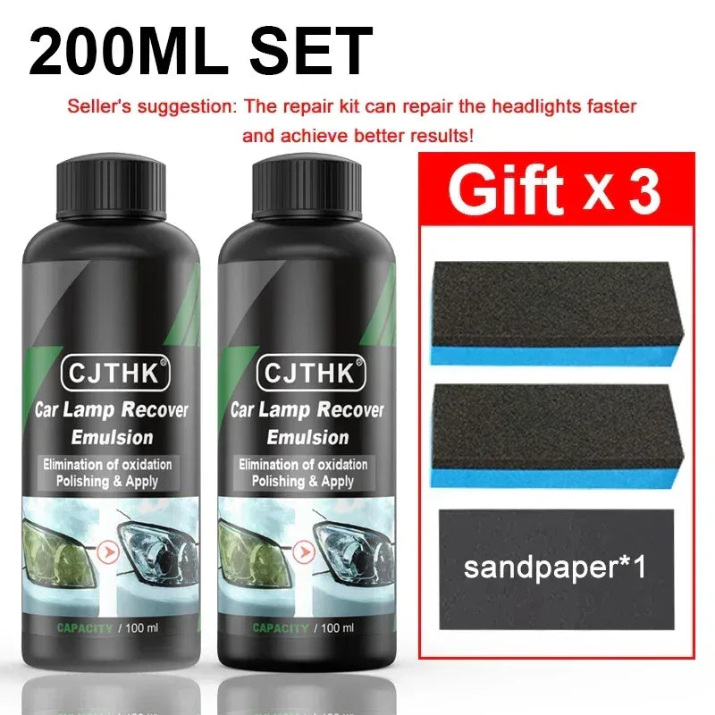 200 ml headlight restoration emulsion kit with two bottles, sponge and sandpaper gift