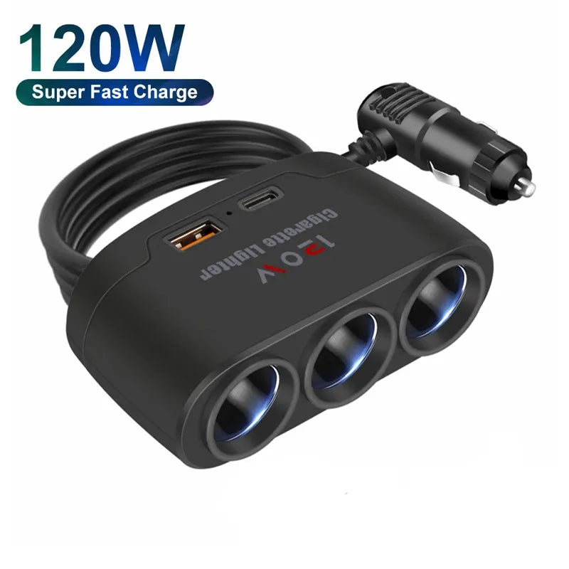 3 في 1 USB نوع C مقبس 120 واط سيارة ولاعة السجائر الفاصل 12 فولت 24 فولت شاحن سريع الهاتف محول الطاقة للسيارة DVR GPS كاميرا داشكام